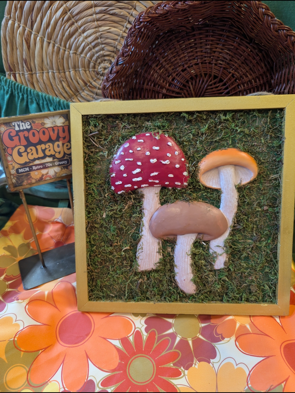 Handmade Mushroom Shadow Box Wall Art - Red, Orange, Brown 12*12 Vintage
